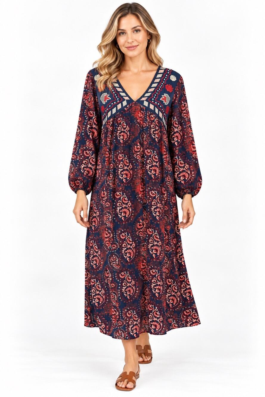 Xhilaration Retro Bohemian Hippie Blue & Red Relaxed Fit Long Sleeve Midi Dress